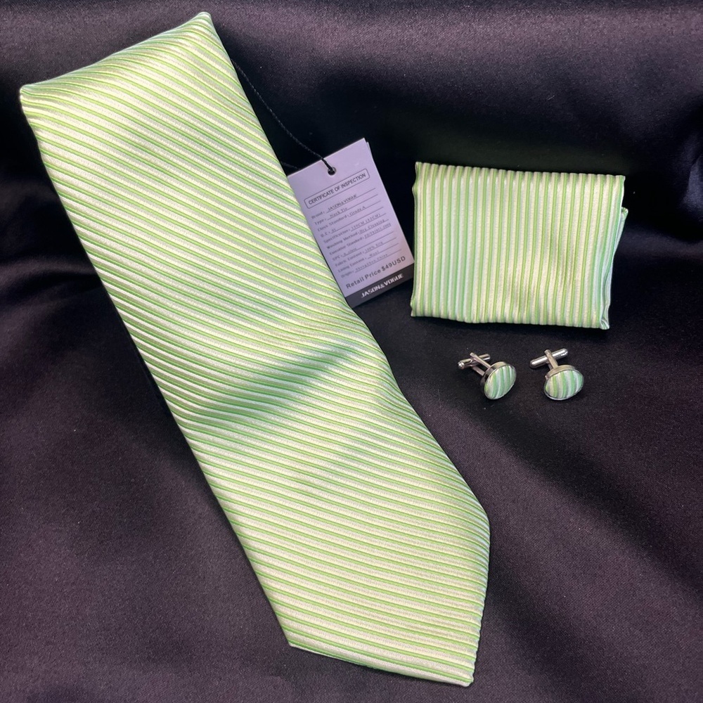 NWT- Elegant Silk Green Striped Tie Set